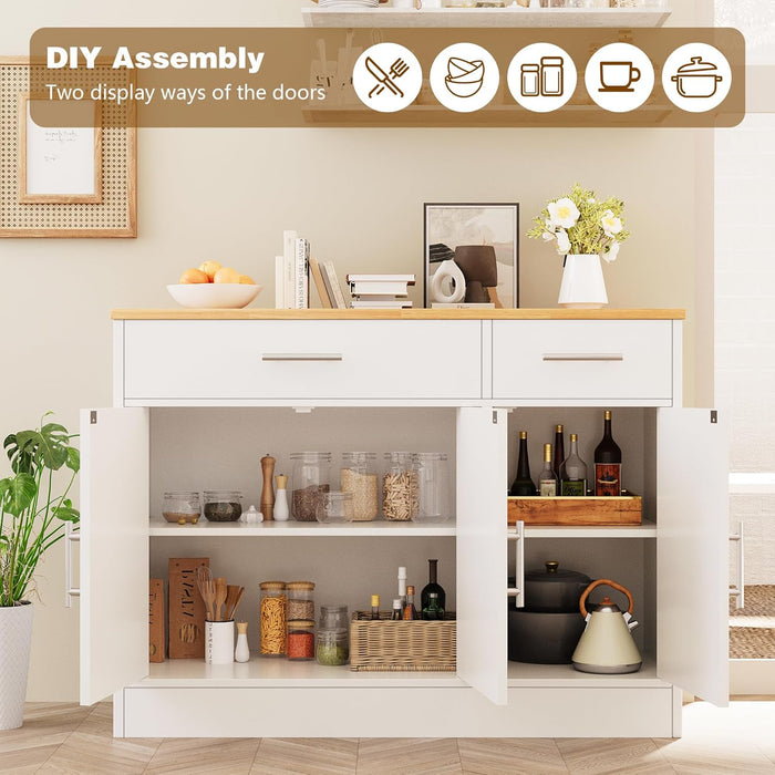 43” Sideboard Buffet Cabinet with Storage, Farmhouse Coffee Bar with Drawers and Shelves, Wood Buffet Table for Kitchen, Dining Room, White