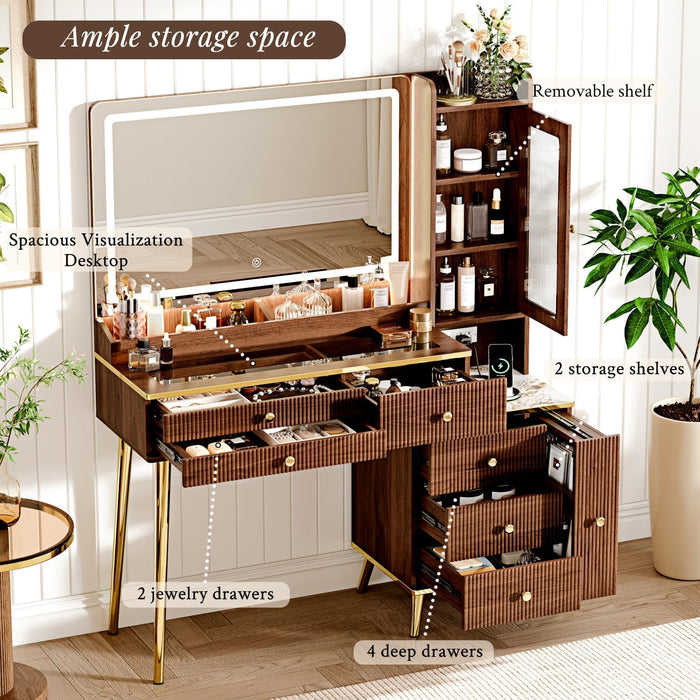 Vanity Desk with 35.12" HD Lighted Mirror, 46.85" Big Modern Vanity Desk with Mirror and Lights, Makeup Vanity with 7 Drawers and Storage Shelves and Charging Station, Walnut