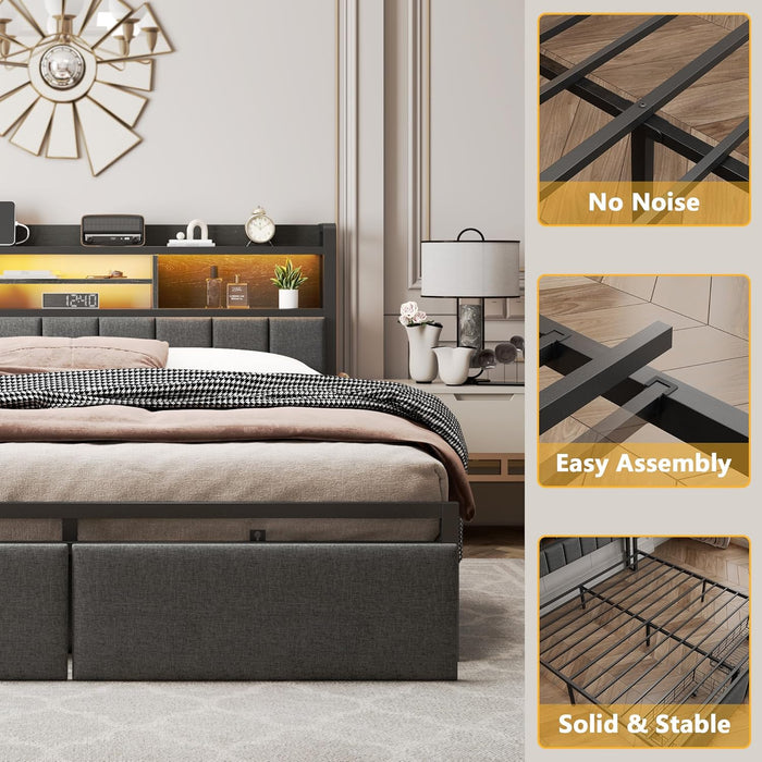 Queen Bed Frame with Storage Drawers, Upholstered Headboard with LED Light & Charging Station, Metal Platform Bed Frame Queen Size, Noise Free, No Box Spring Needed, Black (1200 Lbs Capacity)