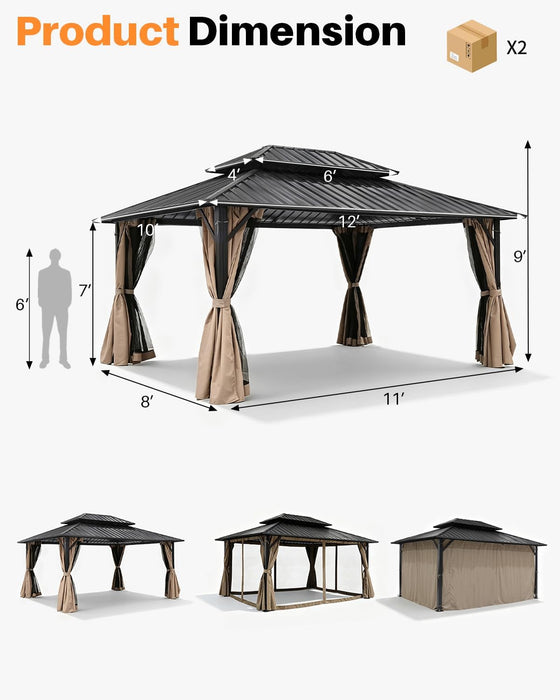 10' X 12' Hardtop Gazebo, Aluminum Frame Outdoor Patio Gazebo with Netting and Curtains, Outdoor Hardtop Gazebos, Patio Pergolas with Double Metal Roofs for Backyard, Patio, Deck, Sandstone