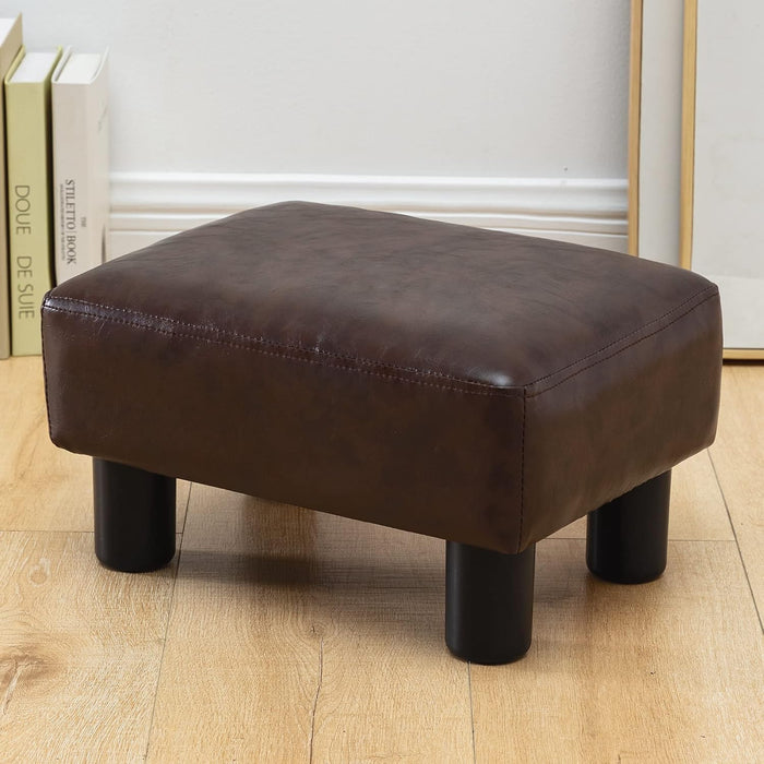 Small Rectangle Foot Stool, PU Leather Fabric Footrest Ottoman with Non-Skid Plastic Legs, Modern Rectangle Footrest Small Step Stool Ottoman for Couch, Desk, Office, Living Room, Brown