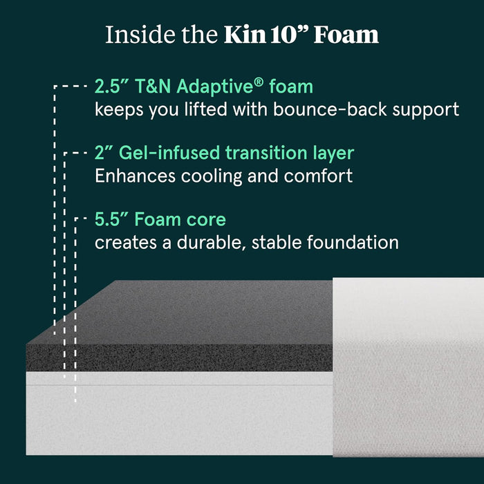 Kin by  Medium Firm 10" Queen Adaptive Foam Mattress in a Box, Cooling Pressure Relief, Balanced Support, 100 Night Trial, Fiberglass-Free, Certipur-Us, 10-Year Limited Warranty