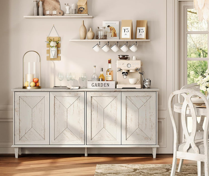 65" Modern Farmhouse TV Stand with Handcrafted Patchwork Doors for 55-75" Tvs, Entertainment Center Console with Cable Management, Adjustable Shelves Storage for Living Room, Pale Oak