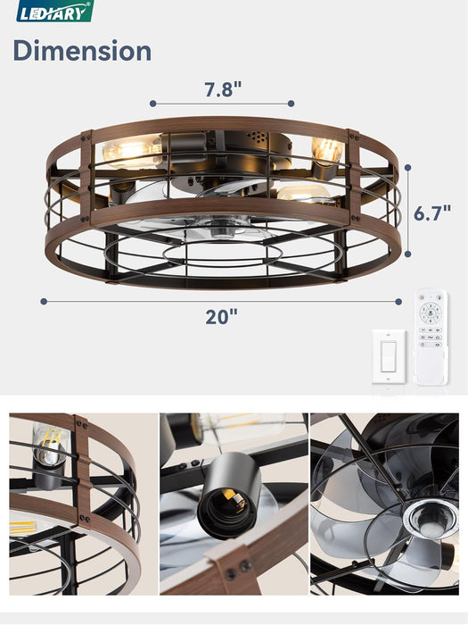 20" Caged Ceiling Fan with Light and Remote, Low Profile Flush Mount Fandelier, Walnut Bladeless Enclosed Small Fan Lights Ceiling Fixtures, Rustic Farmhouse Style for Bedroom, Outdoor