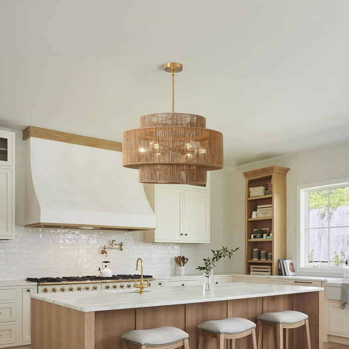 24"Large Boho Rattan Farmhouse Chandeliers for Dining Room,6-Light Hand Woven Pendant Light Fixture, 3-Tier Rustic Wicker Chandeliers for Living Room, Kitchen Island, Entryway,Hallway, Foyer