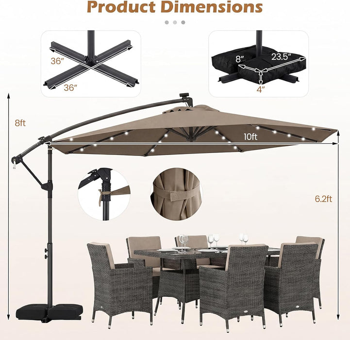10Ft Solar Patio Umbrella with Base Included, Offset Cantilever Outdoor Umbrella with 32 LED Lights, 360 Degree Rotation, Crank Handle for Pool Deck Garden Backyard (Tan)