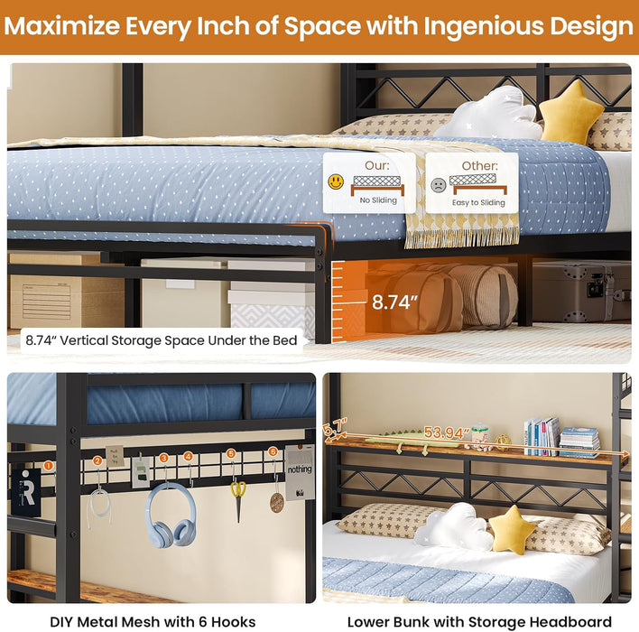 Twin over Full Bunk Bed with Desk,Led Lights and 4 Drawers,Metal Bunk Beds with Storage Headboard and Charging Station,L-Shaped Bunk Bed for Kids/Teen with Safety Guardrail and Ladder,Black