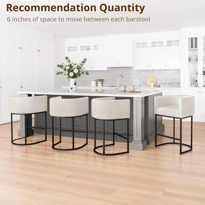 Counter Height Bar Stools Set of 3, Modern Barrel Counter Stools with Backrest and Arms, Black Metal Frames, Linen Fabric Upholstered Accent Barstools for Kitchen Island, Beige