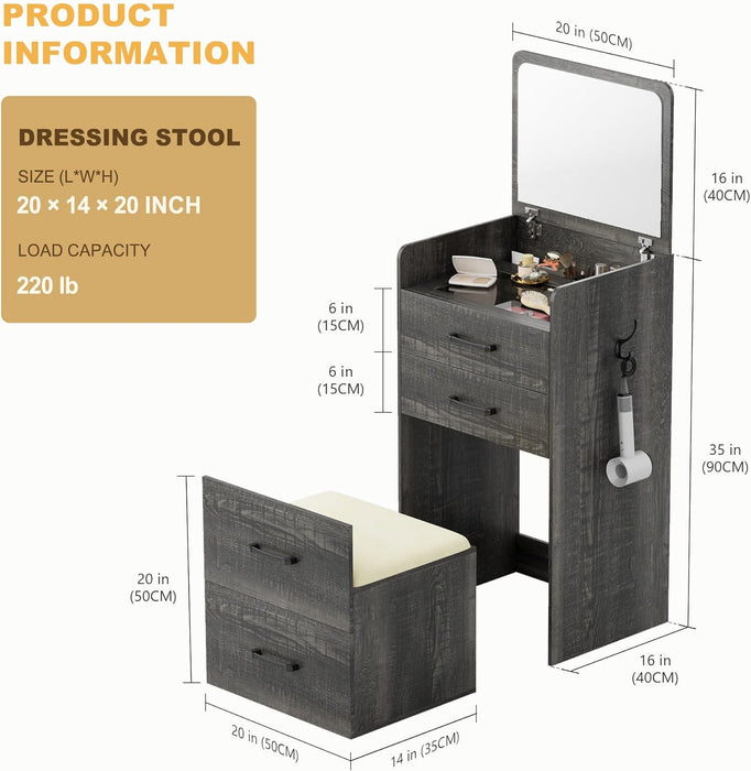 Small 3-In-1 Vanity Desk with Mirror, Compact Makeup Table W/Cushioned Stool, Modern Grils' Dressing Table Vanity Set for Bedroom (Dark Rustic Oak)