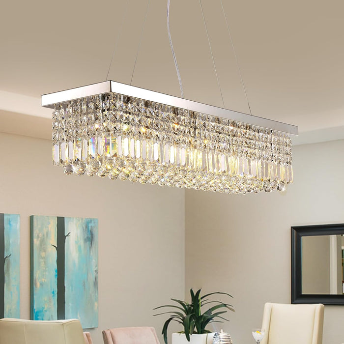 6-Light Modern Crystal Chandelier for Dining Room, Rectangular K9 Crystal Raindrop Chandelier, Rectangle Pendant Ceiling Light Fixture for Living Room Kitchen Island L31.5'' X W10'' X H10''