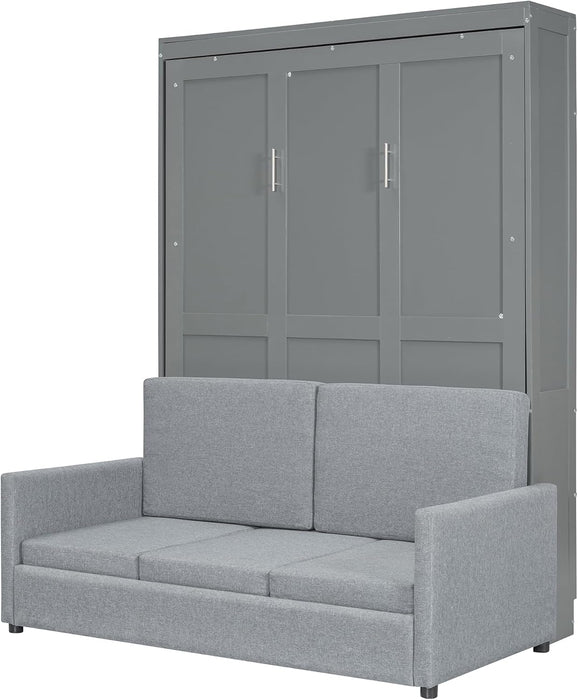 Full Size Murphy Bed, Wooden Full Murphy Bed with Cushion, Wall Bed with Sofa for Home Office or Small Room, Gray
