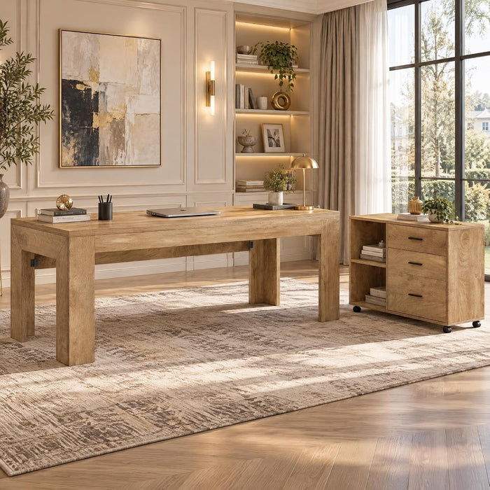 L Shaped Executive Office Desk with Drawers, Light Brown