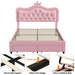 Full Size LED Upholstered Bed with Adjustable Crystal Button Tufted Crown Headboard, Soft PU Princess Platform Bed with Storage Drawers, Pink