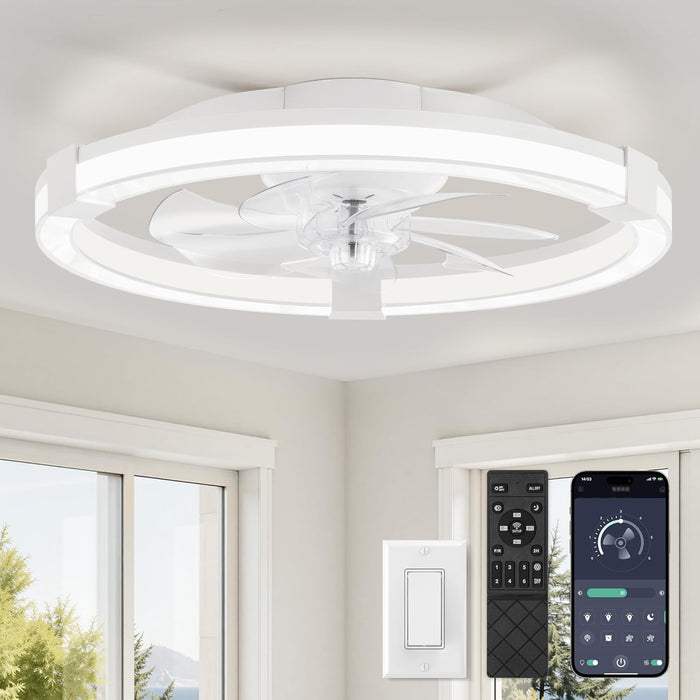 Ceiling Fans with Lights, 20 Inch Low Profile Ceiling Fan with Remote, 6 Speeds, Reversible, Dimmable Flush Mount Fan Light, Modern Fandelier Ceiling Fan with Lights for Bedroom, White