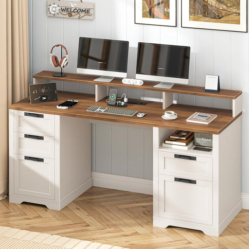 61" Farmhouse Executive Desk with LED Lights and Power Outlets,Computer Desk with Monitor Stand & File Drawers,Large Workspace with Storage Drawers for Home Office,Study,White
