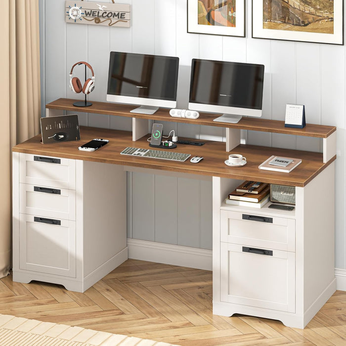 61" Farmhouse Executive Desk with LED Lights and Power Outlets,Computer Desk with Monitor Stand & File Drawers,Large Workspace with Storage Drawers for Home Office,Study,White