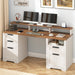 61" Farmhouse Executive Desk with LED Lights and Power Outlets,Computer Desk with Monitor Stand & File Drawers,Large Workspace with Storage Drawers for Home Office,Study,White