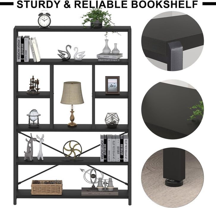 6 Tier Industrial Bookshelf for Bedroom Living Room Office, Black Oak