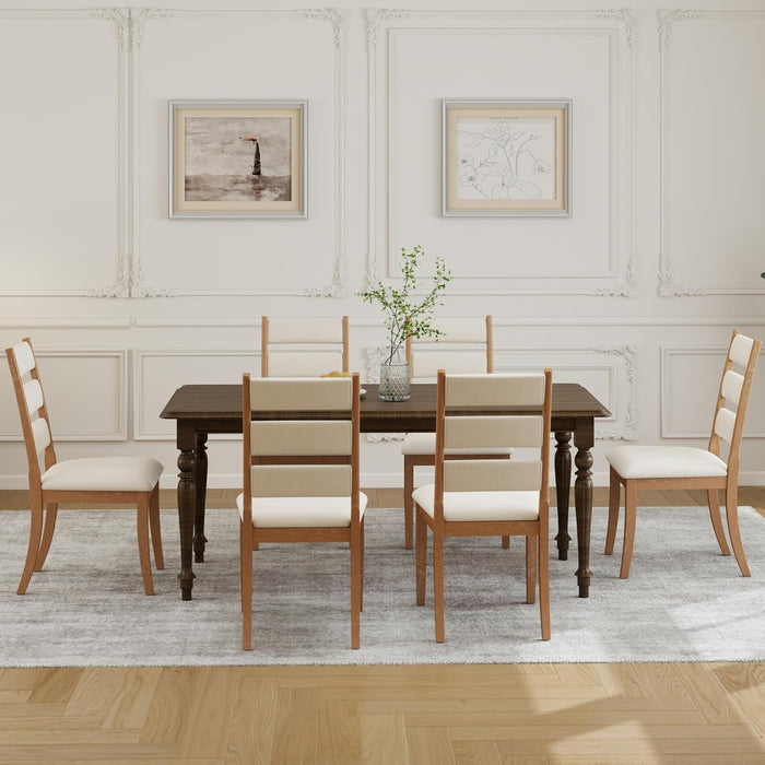 Dining Chairs Set of 6 Farmhouse Kitchen Chairs with Upholstered Cushion Back and Seat Ladder Back Side Chairs for Dining Room Living Room Restaurant(Brown Frame, Chenille Beige)