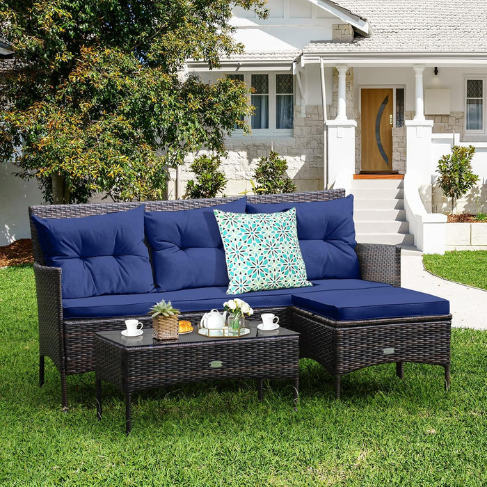 3 Pieces Patio Conversation Set, All Weather Outdoor PE Rattan Wicker Furniture Set with Padded Cushions, Tempered Glass Coffee Table, for Poolside, Backyard, Garden (Navy)