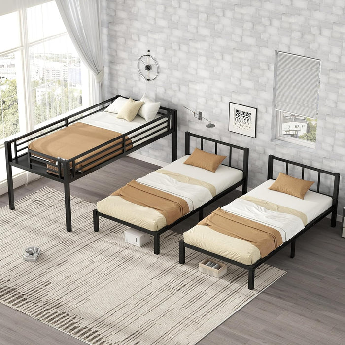 Triple Bunk Bed for Kids, Detachable Metal Twin over Twin over Twin Bunk Bed with Guardrails, Built-In Ladder, Shelf, Converts to 3 Separate Twin Beds, Easy Assembly, Black
