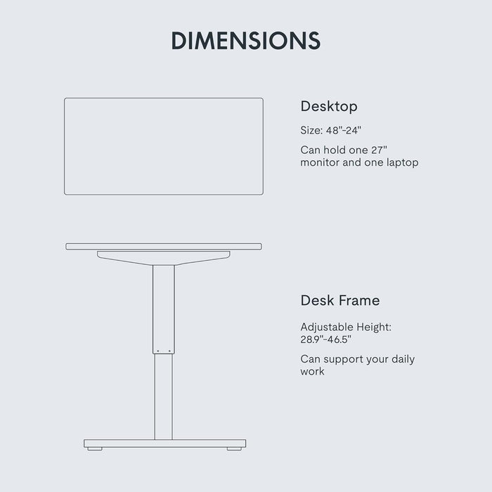 EN1 One-Piece Standing Desk, 48 X 24 Inches Solid Desktop Height Adjustable Desk, Electric Sit Stand up Desk Home Office Desks (White Frame + White Desktop)