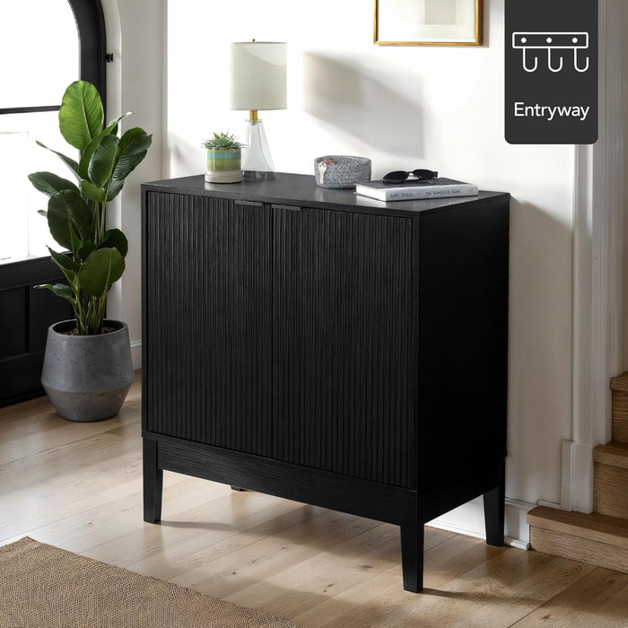 2-Door Modern Storage Cabinet, Buffet, Sideboard, Media Cabinet, Cupboard, Entryway Accent Table, Bookcase W/Reeded Panels and Adjustable Shelves – Black