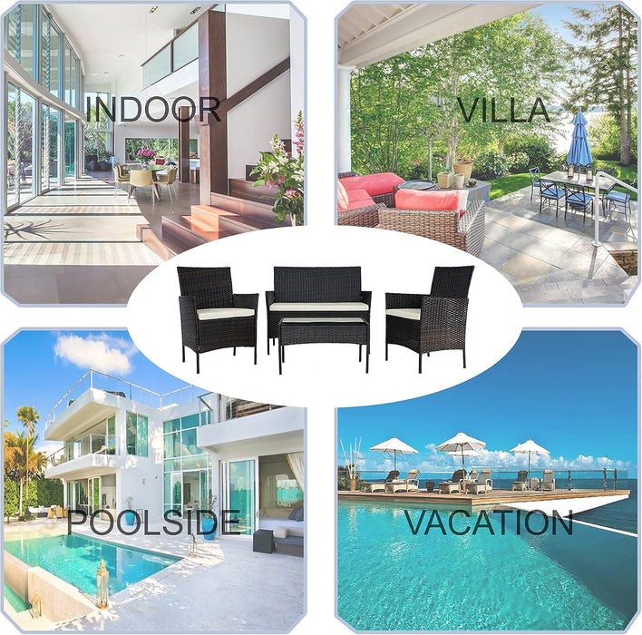 4-Piece Patio Conversation Set Outdoor Furniture with Cushion, Rattan Wicker Chairs, a Sofa and Coffee Table with Tempered Glass Top for Backyard Porch Garden Poolside Balcony (Brown+Beige)