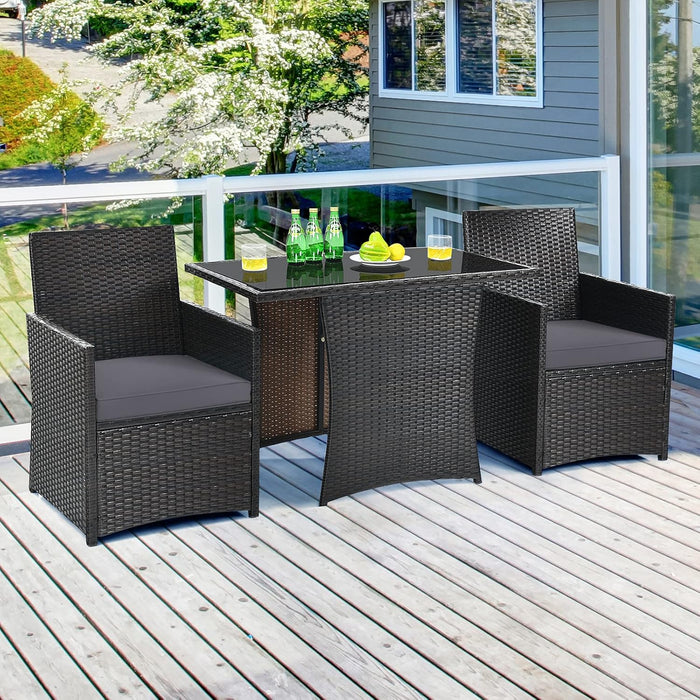 3 Pieces Patio Dining Set, Space-Saving PE Rattan Bistro Set with Tempered Glass Top Table and Cushioned Chairs, Outdoor Conversation Set for Garden Backyard Poolside Porch (Gray)