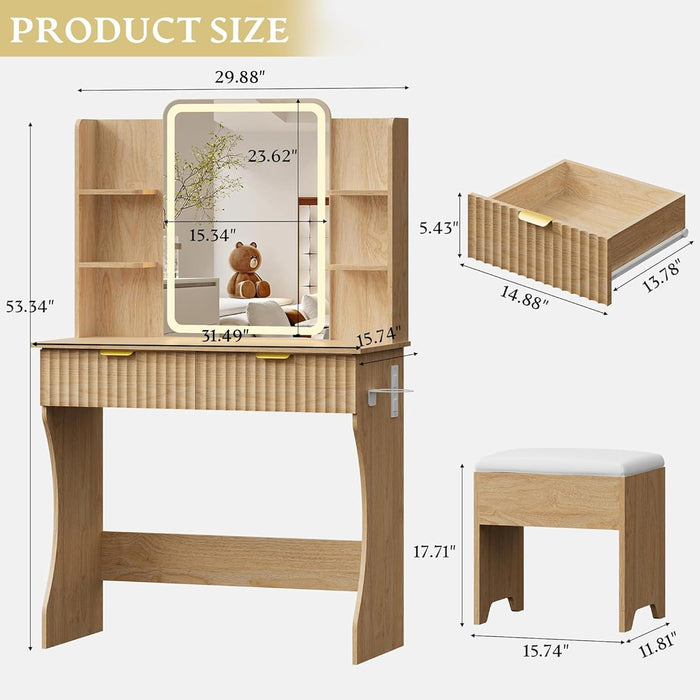 Oak Premium Vanity Desk With IntegratedLED MirrorOutlet