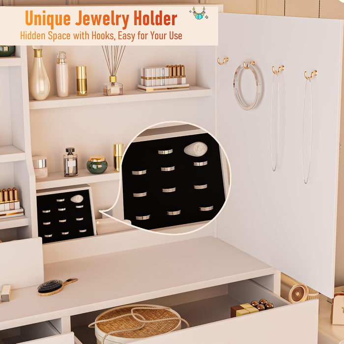 Makeup Vanity Desk with LED Lights Mirror 3 Adjustable Modes and Power Outlets, Vanity Table with 6 Drawers Dresser and Bench, Makeup Desk for Bedroom Dressing Room, White