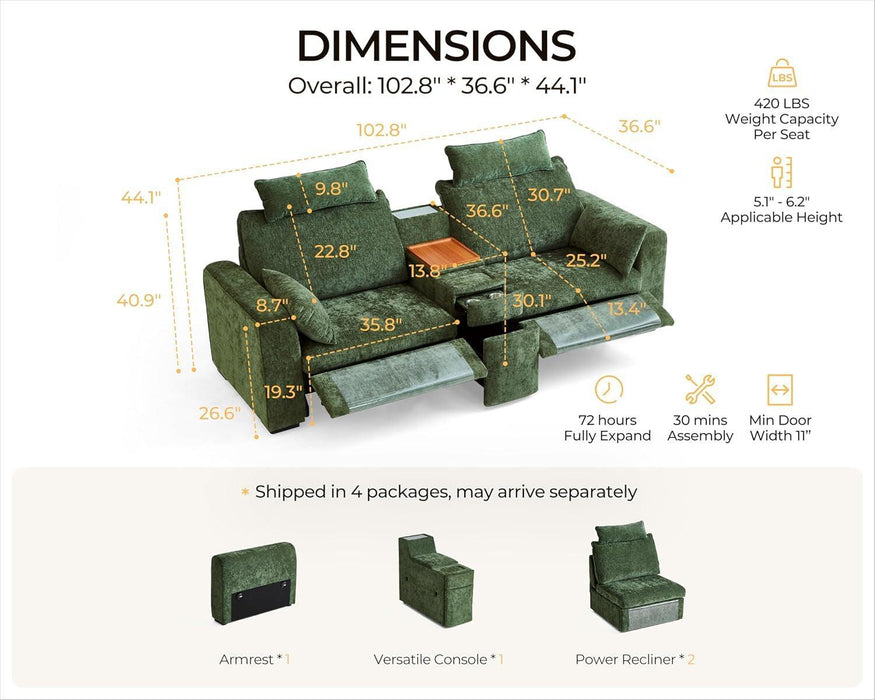 102.8'' Loveseat Power Recliner Sofa with Headrest, Oversized Cloud Modular Sectional Reclining Couch with Table, Storage Drawer, Charging, 2-Seater for RV Home Theater, Chenille, Green