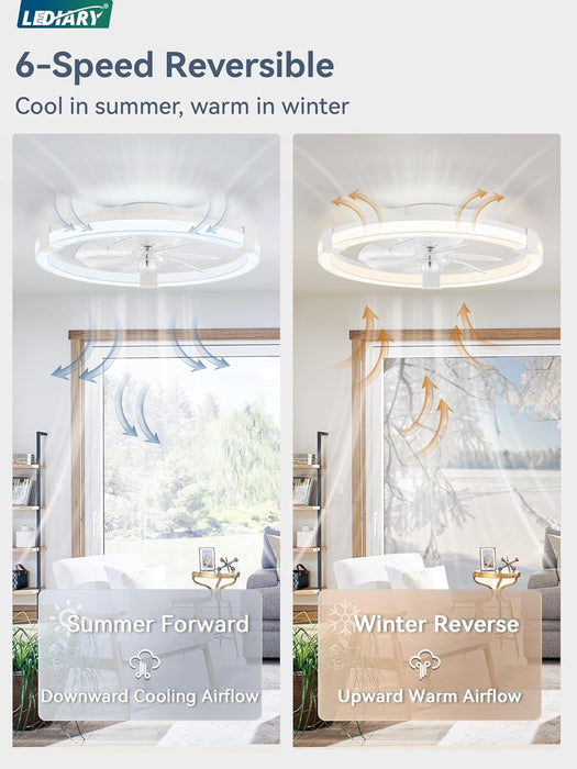 Ceiling Fans with Lights, 20 Inch Low Profile Ceiling Fan with Remote, 6 Speeds, Reversible, Dimmable Flush Mount Fan Light, Modern Fandelier Ceiling Fan with Lights for Bedroom, White