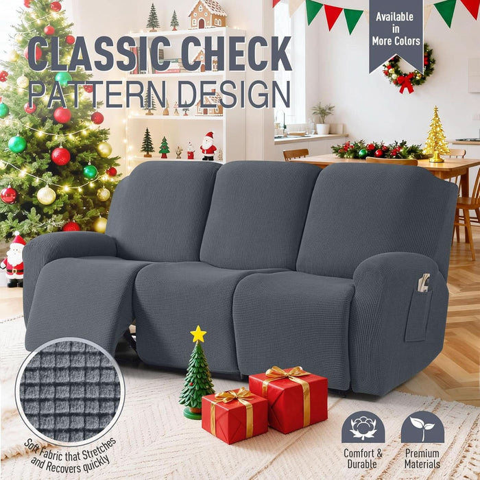 Recliner Sofa Covers 8-Pieces Stretch Large Couch Covers for 3 Seats Reclining Slipcovers Soft Jacquard Pattern Furniture Protector (Grey)