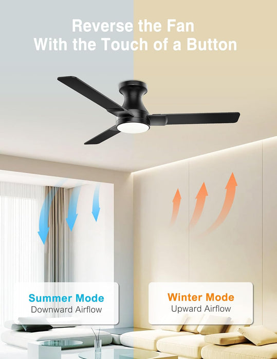42 Inch Ceiling Fans with Lights,3 Blades,6Cct, Low Profile Ceiling Fan with Light and Remote Control,Ceiling Fan for Bedroom, Kitchen,Indoor/Outdoor Use,Flush Mount-Black