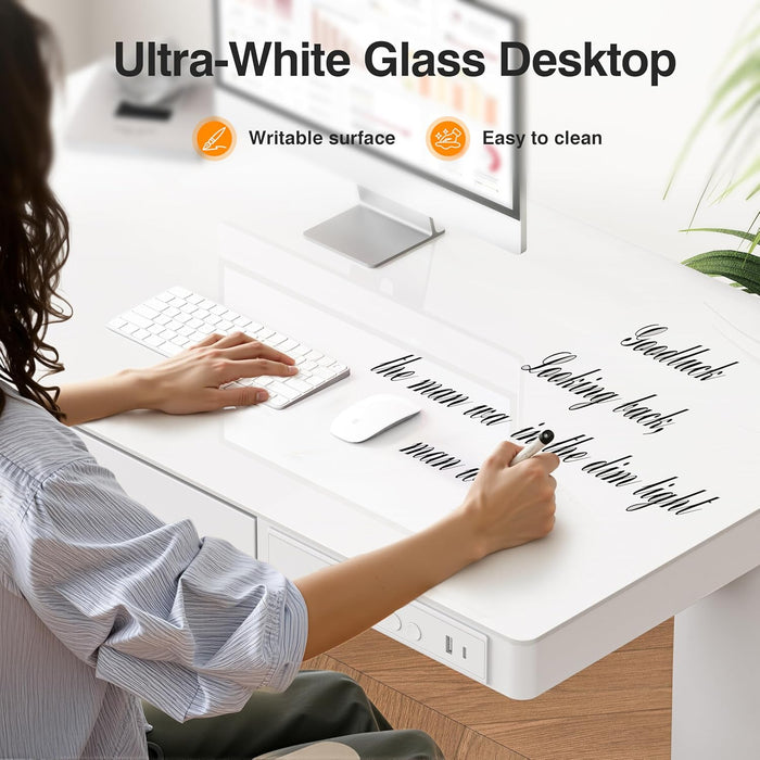 35" Glass Standing Desk with Drawer and USB Ports, Electric Height Adjustable Desk for Home Office, White Sit Stand Table with Storage, Easy Assembly Computer Desk for Small Spaces