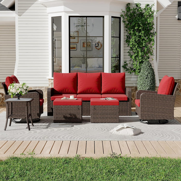 6 Piece Patio Conversation Sets with Sofa Couch, Rattan Wicker Swivel Chairs with 2 Ottoman, Coffee Table & Cushions, Outdoor Furniture Sets for Garden, Poolside, Backyard (Wine Red)