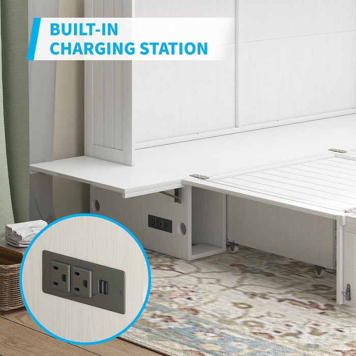 Murphy Bed Cabinet with Built-In 3 Charging Station and 2 Storage Drawers, Solid Wood Cabinet Bed Queen Size with Mattress, Murphy Cube Chest Bed for Guest Room (White-Murphy Bed A)