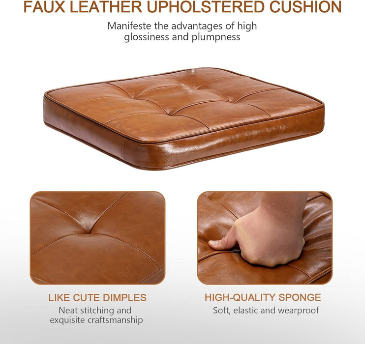 Natural Rattan Bar Stools Set of 2, Modern Counter Height Stools with Solid Wood Back, 26'' Counter Height Chairs, Mid Century Cantilevered Bar Chairs for Kitchen Island, Faux Leather Brown