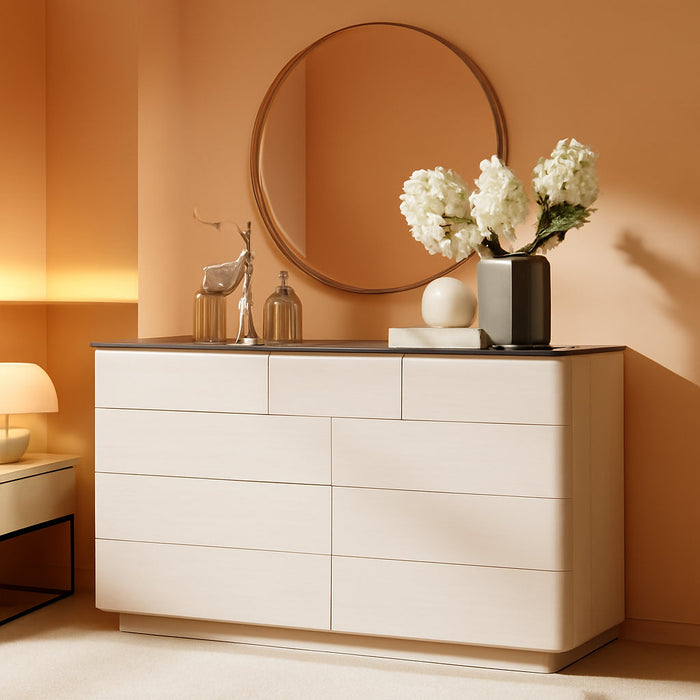 Modern 9 Drawer Dresser for Bedroom, 52" Wide Wooden Dressers with Large Storage,Handleless Chest of Drawers TV Stand for Living Room & Hallway, Curved Profile Design, White