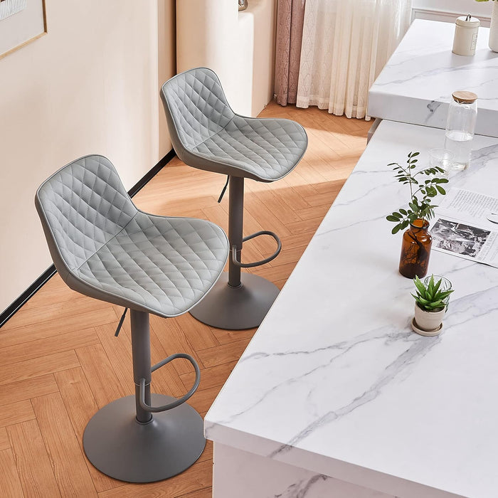 All Grey Bar Stools Set of 2, Upholstered Counter Height Bar Stool, Adjustable Swivel Faux Leather Barstools, with Padded Back, Metal Base, Kitchen Chairs for Home Island