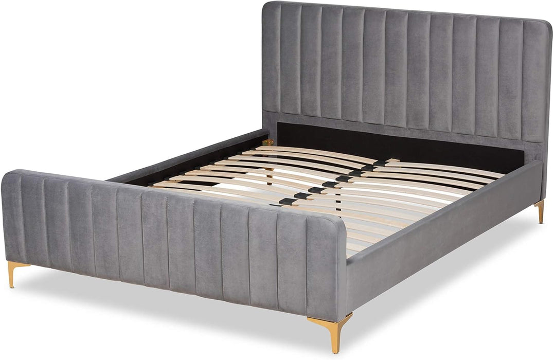 Nami Modern Contemporary Glam and Luxe Light Grey Velvet Fabric Upholstered and Gold Finished Queen Size Platform Bed