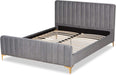 Nami Modern Contemporary Glam and Luxe Light Grey Velvet Fabric Upholstered and Gold Finished Queen Size Platform Bed