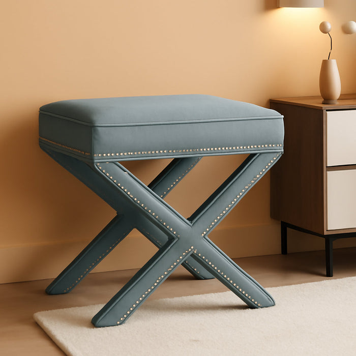 Home Collection Palmer Sky Blue with Silver Nailhead Trim X-Bench Ottoman