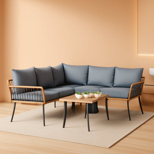 Patio Furniture Set, 4 Pieces Wicker Outdoor Conversation Set Sectional L-Shaped Sofa with 5 Seater for Backyard, Porch, Boho Detachable Lounger with Cushions and Side Table - Grey