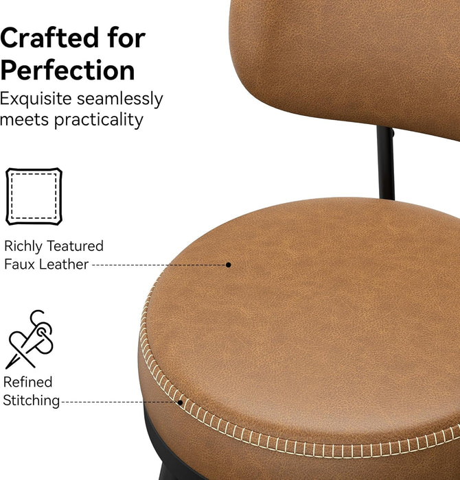 Bar Stools Set of 2, Faux Leather 26" H Swivel Counter Height Barstools with Back, Mid Century Modern Bar Stools with Stylish Stitching for Kitchen Island, Metal Base, Saddle Brown