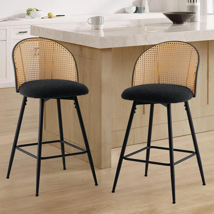 Swivel Counter Height Bar Stools Set of 3, Mid Century Modern 26" Bar Chairs with Rattan Back & Metal Legs, Upholstered Boucle Fabric Barstools Island Stools for Kitchen Counter Home Bar,Black