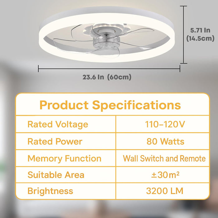 24'' Ceiling Fan with Light, Upgraded Low Profile Ceiling Fan with Light, Dimmable Flush Mount Ceiling Fan with Light, Fan Light, 6 Speeds, App & Remote Control, Quiet Fan for Bedroom, Kitchen