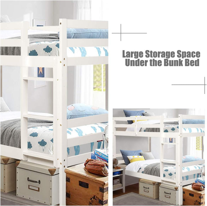 Twin over Twin Bunk Beds, Wood Convertible Two Beds, Solid Rubberwood Bunk Bed with 1 Pcs Built-In Ladder and Safety Rails, No Box Spring Needed, Space Saving Bed Frame for Bedroom (White)