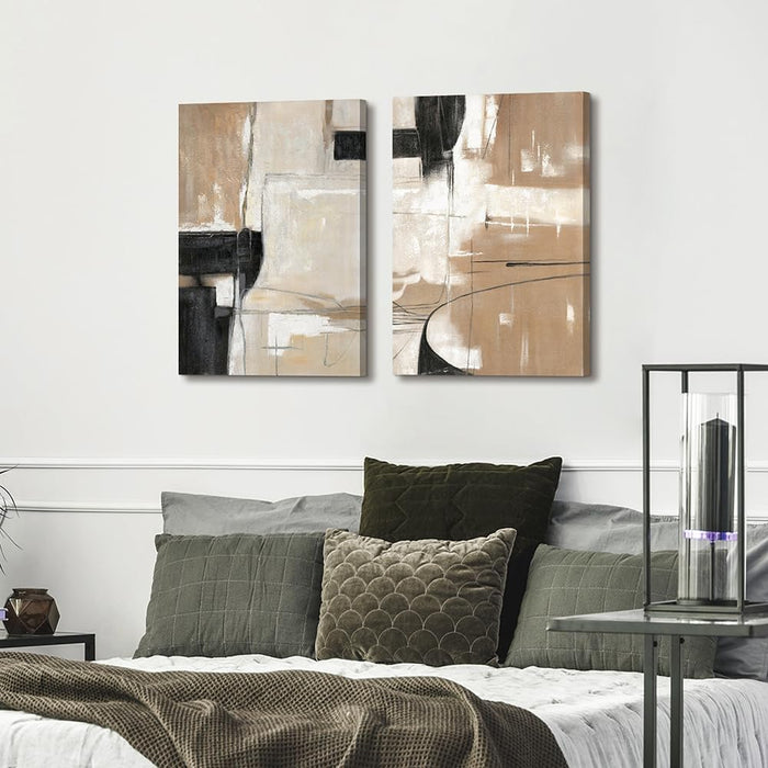 Abstract Geometric Shapes Illustrations Modern Abstract Painting Wall Art - 2 Piece Black and Brown Canvas Wall Decor for Living Room Bedroom Office Hallway